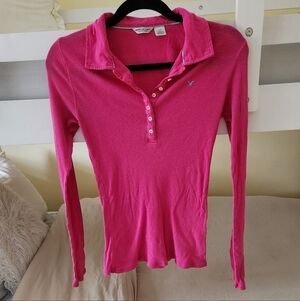 Y2K American Eagle Button Up Pink Long Sleeve Polo Henley Ribbed Knit Top Large